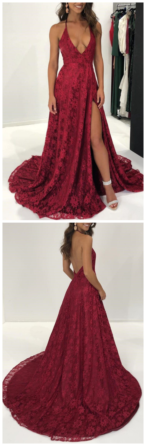 Sexy Deep V Neck Wine Red Lace Long Evening Dress，prom Dresses On Luulla 5609