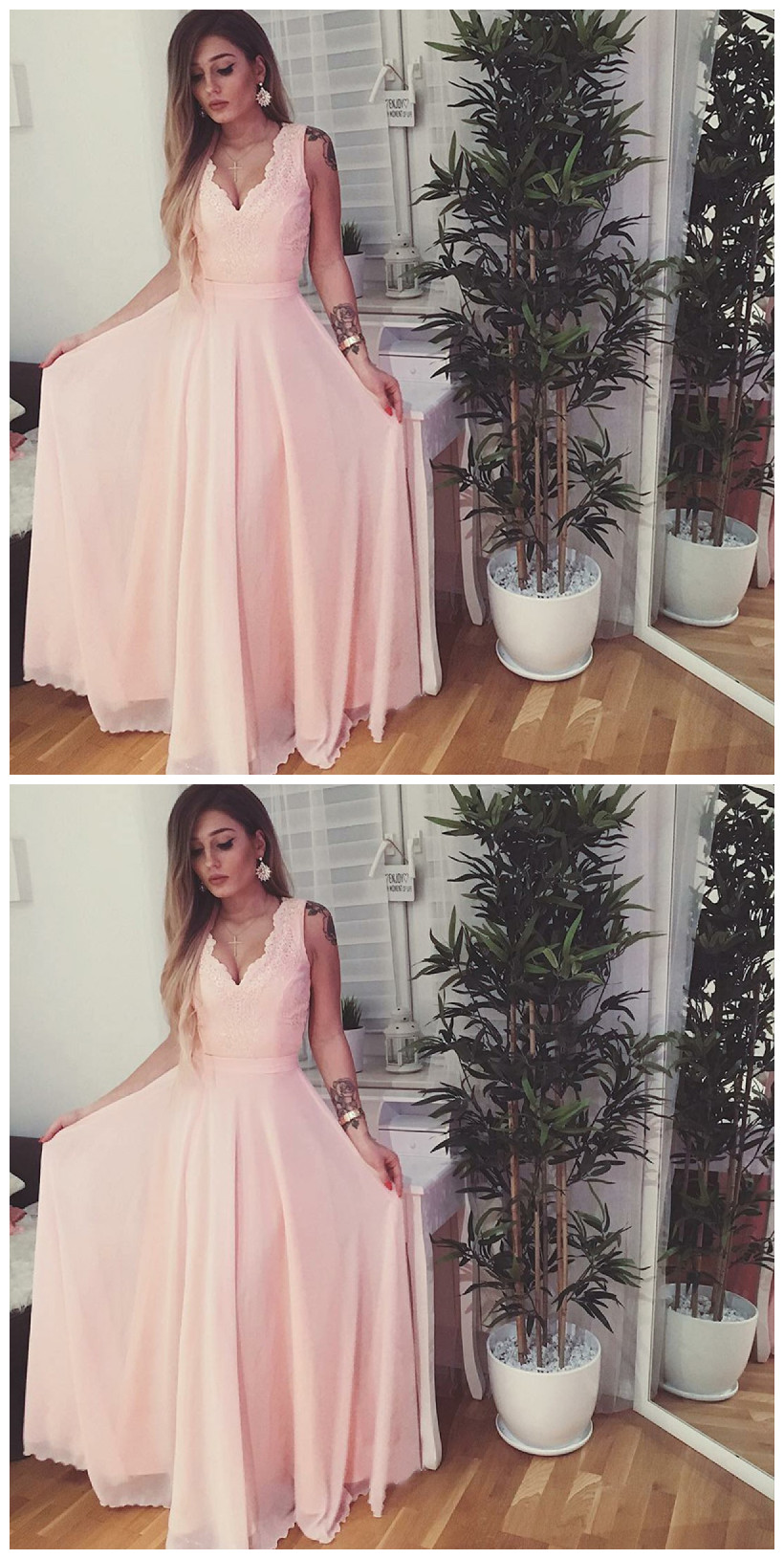 A Line V Neck Floor Length Pink Chiffon Prom Dress With Lace On Luulla