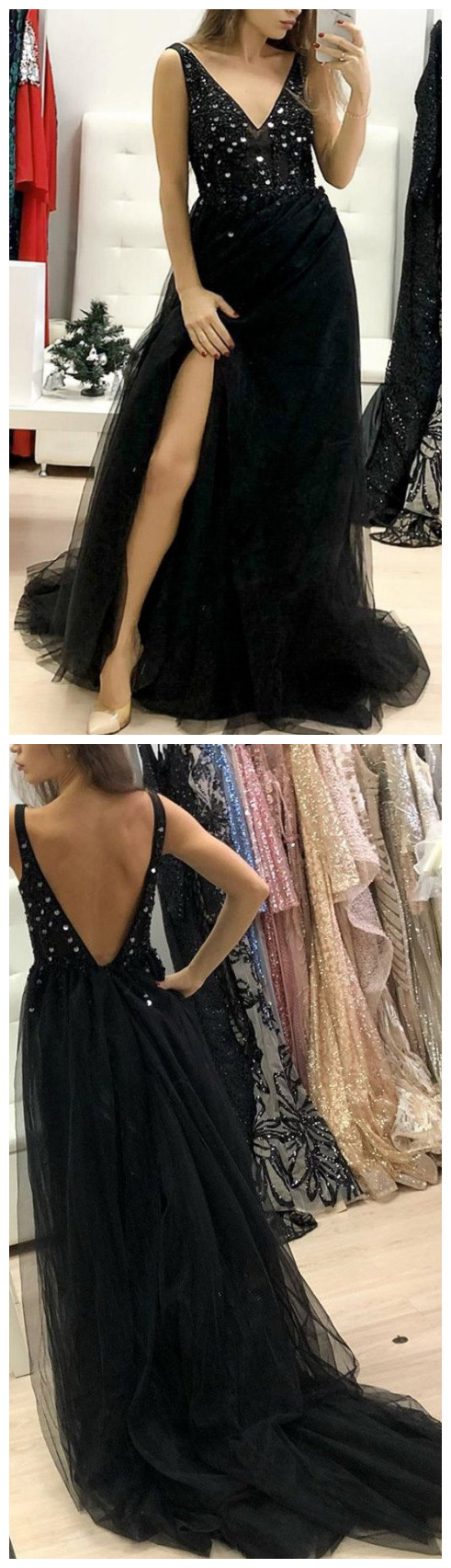 Vintage Black V Neck Tulle Prom Dresses,Formal Dress with Lace
