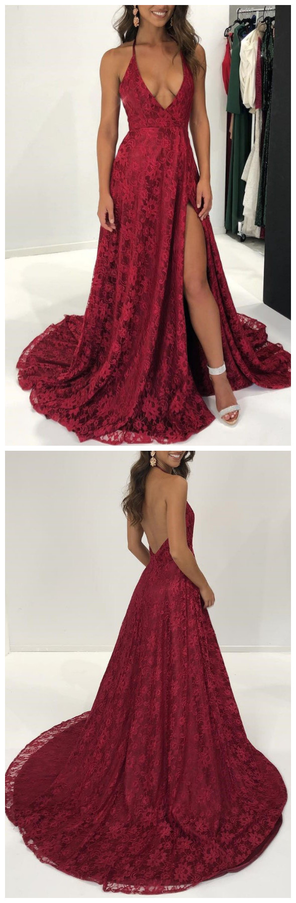 Luxury Bowknot Tassel Deep V Red Prom Dress